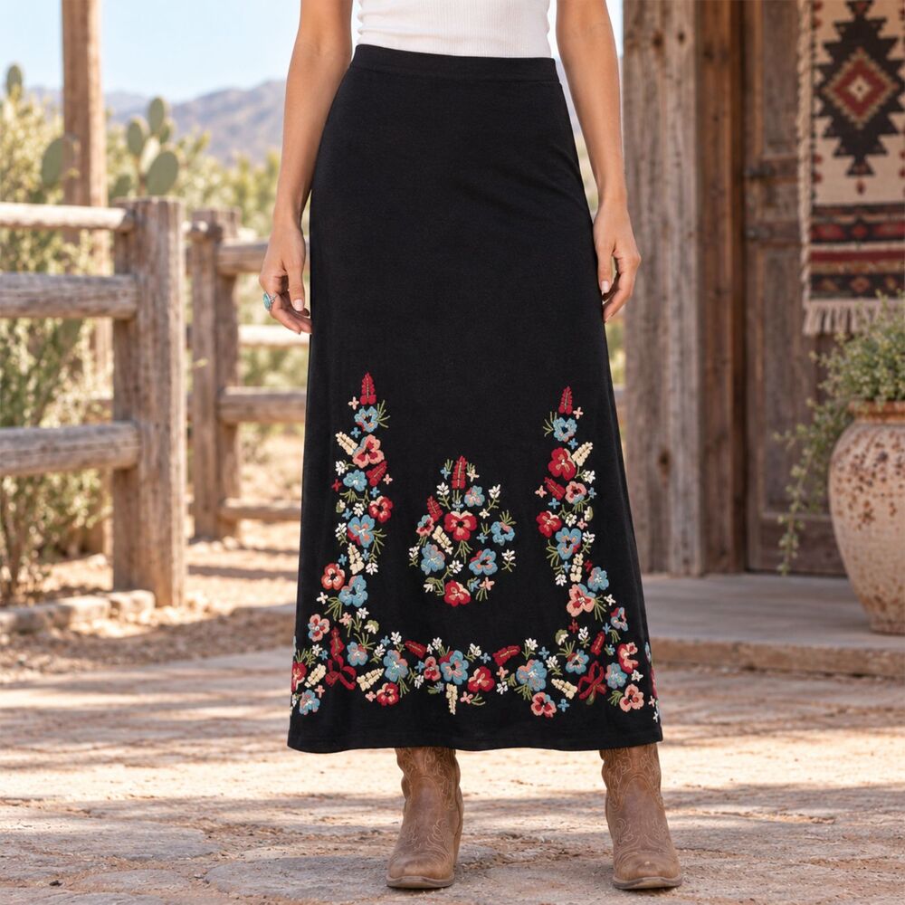 Double D Ranch Womens Embroidered Linen Maxi Skirt XS Black Floral Western Boho